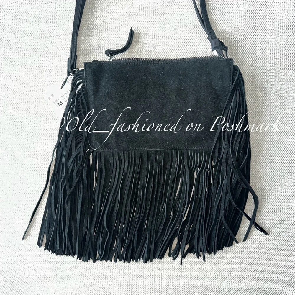 ZARA Leather Fringed Crossbody Bag - Black